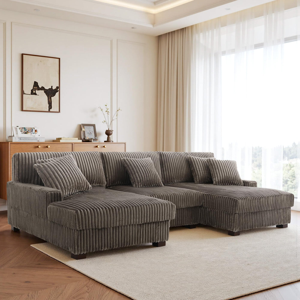 118.3" L-Shaped Modular Sectional Sofa with Chaise, Comfy Corduroy Fluffy Couch with Deep Seat, Flexible Module Combination for Living Room, Cotton Flannel Light Brown