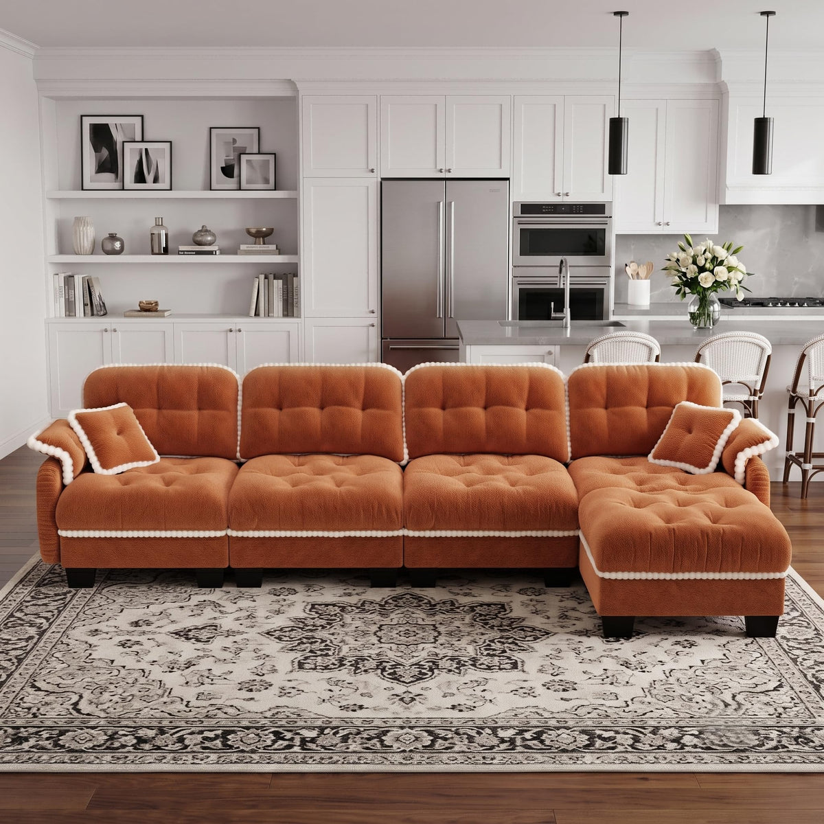 100.7" Chenille Cloud 3-Seater Sofa, Tufted Deep Seat Couch with Pom-Pom Trim & 4 Pillows, Ergonomic Easy Assembly Modular Sofa for Living Room & Apartment（Green ）