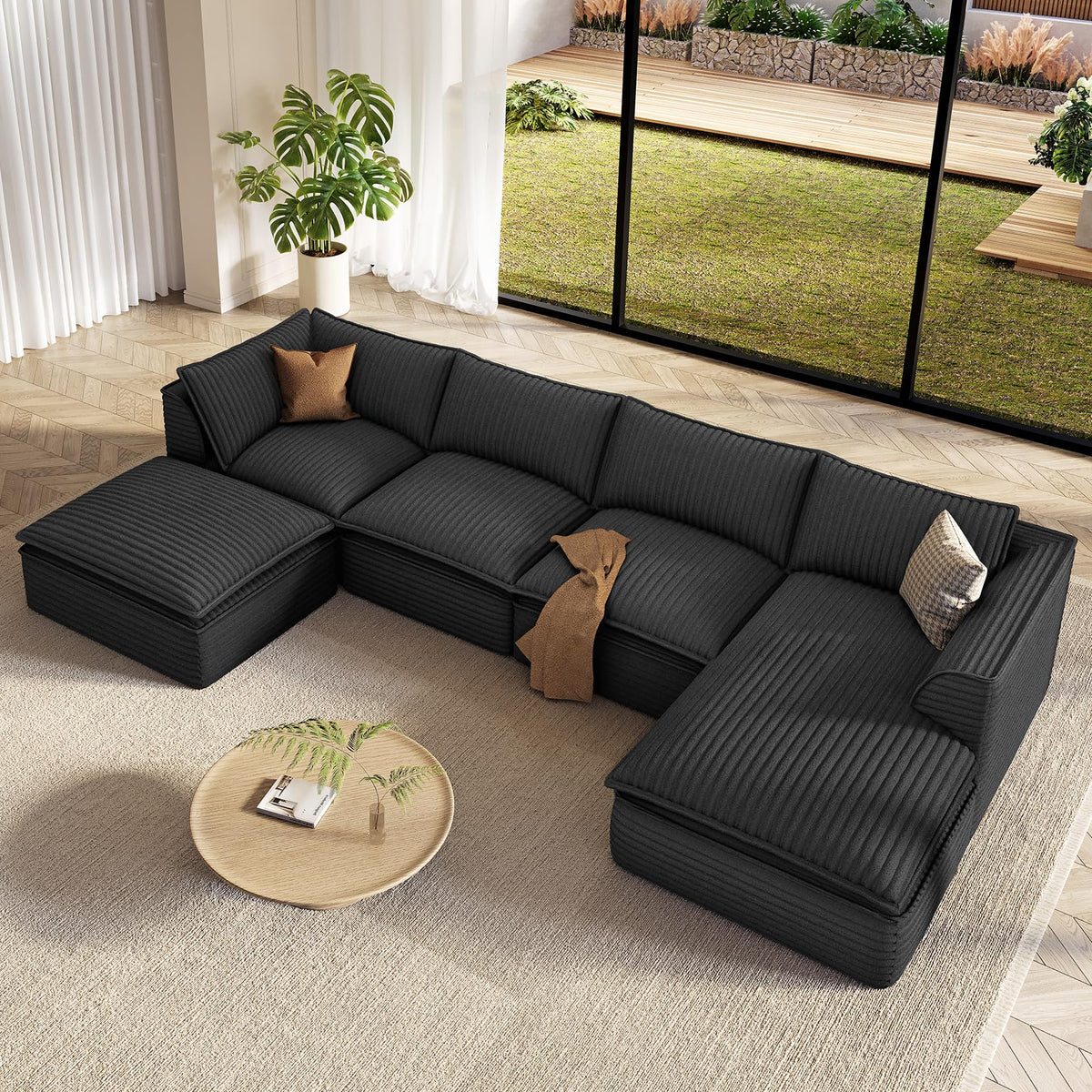Vesgantti U Shaped Corduroy Boneless Sectional Couch, 6 Seater Sofa, Gray