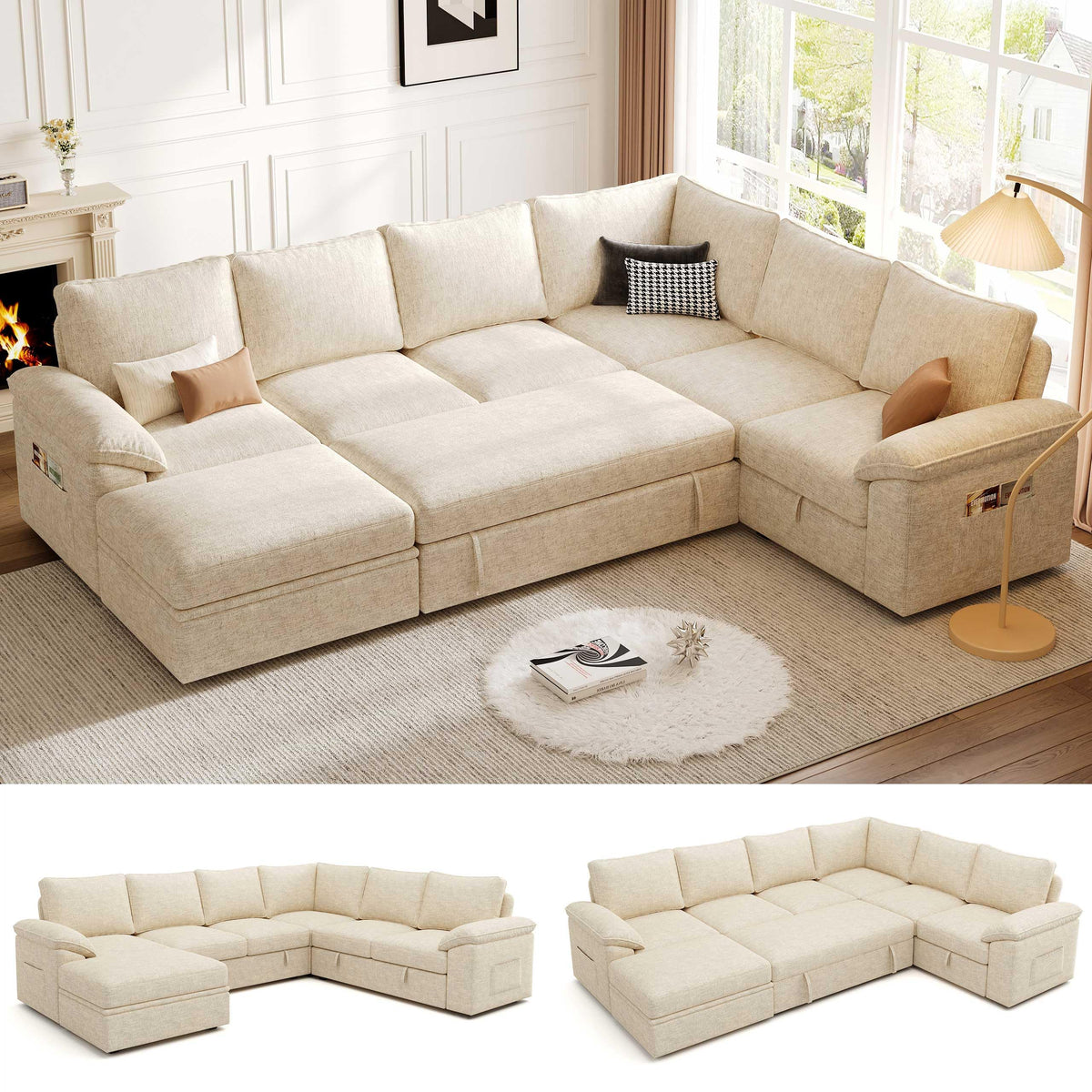 Weture 108" Modular U Shaped Sectional Sofa with Pull Out Sleeper Bed and Storage, 7 Seater Cloud Couch for Living Room, Light Grey