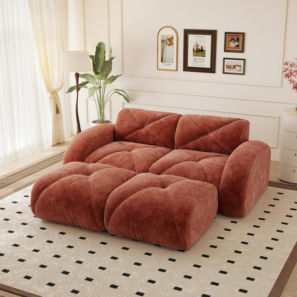 110.6" U Shaped Boneless Couch with Ottoman, Convertible Modular Sectional Cloud Sofa, Deep Seat 5 Seater Velvet Couch, 32D High Density Foam Sofas for Living Room, No Assembly Required, Camel
