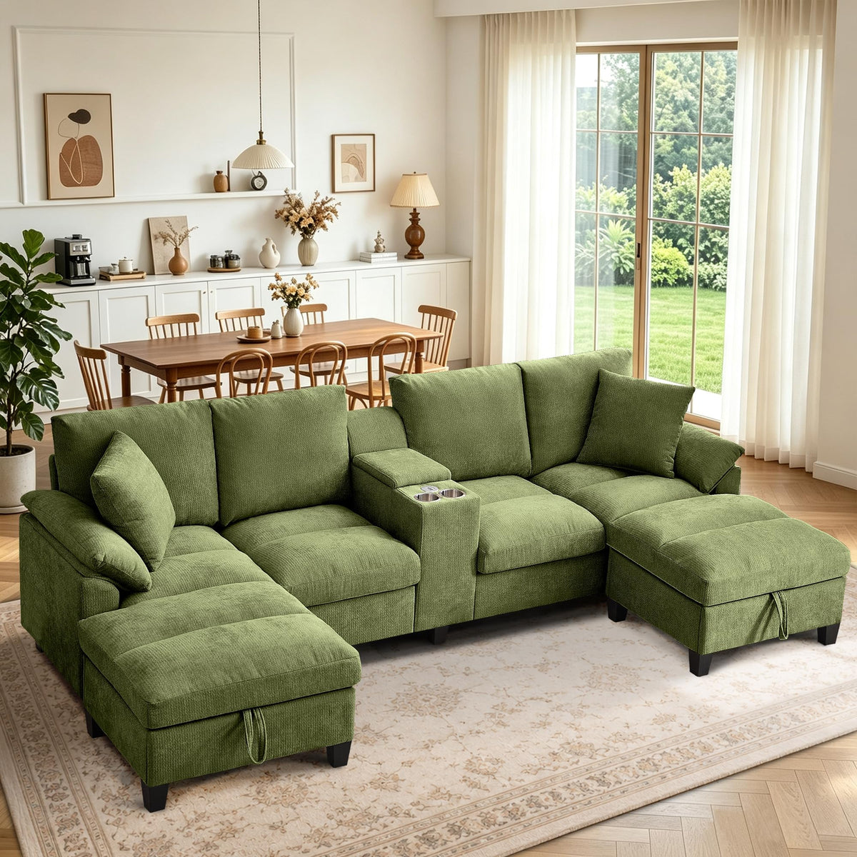 116" U Shaped Couch with Console, Sectional Couch Set with Double Chaise Lounges | Storage Ottoman & Console with USB Ports | 4 Seat Sofa with Cup Holder, Modern Linen Couches for Living Room, Yellow