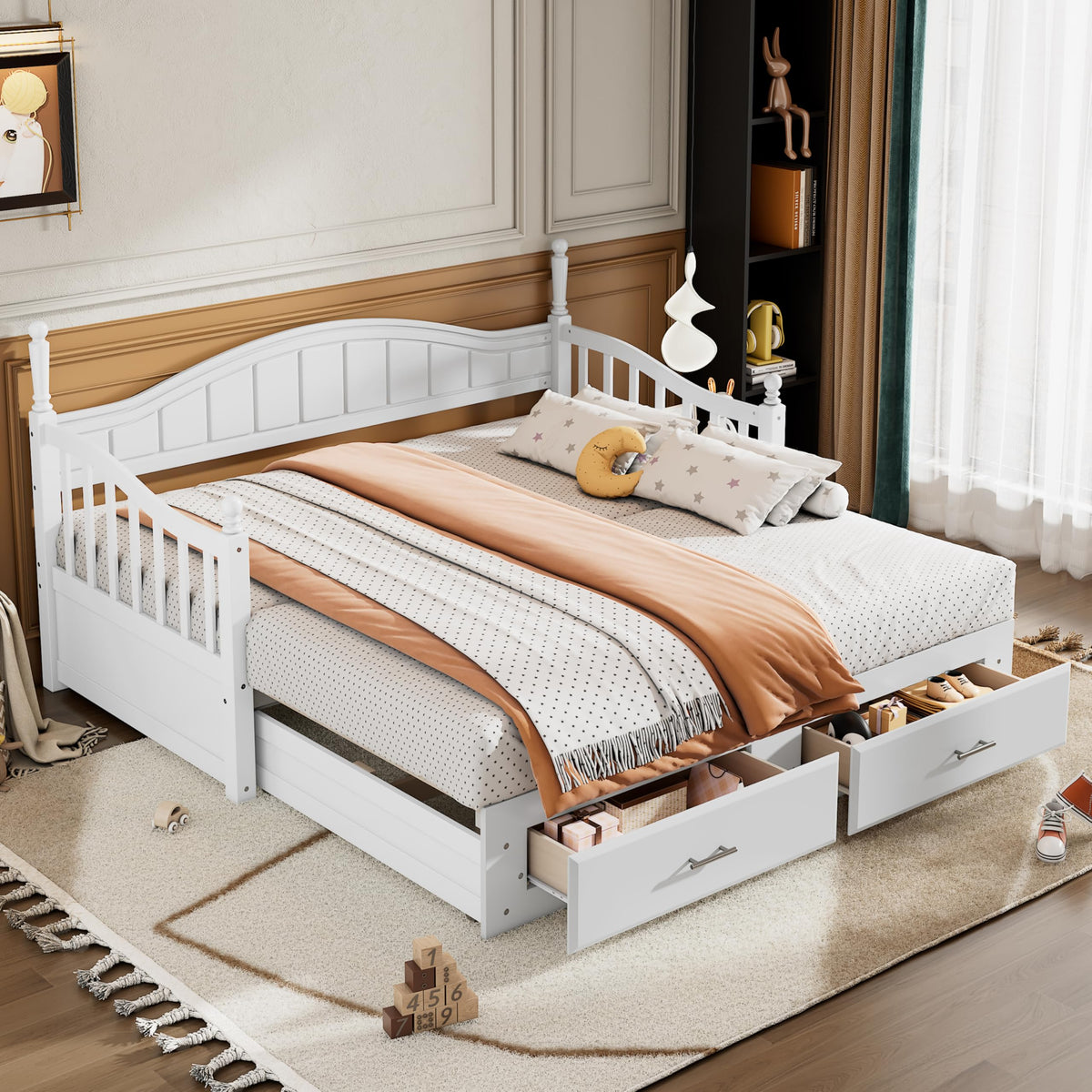 Versatile Daybed with Pull-Out Trundle, Textured Fabric Upholstery