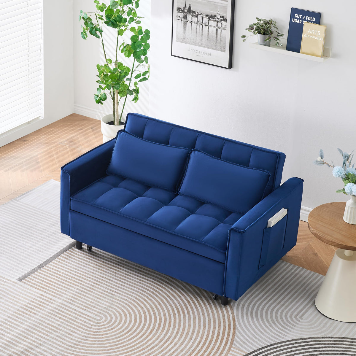 The 55 inch Dreamlike Blue Velvet Sofa is Elegant and Convenient with Pockets, clinterpreting The Art of Three in one Conversion.