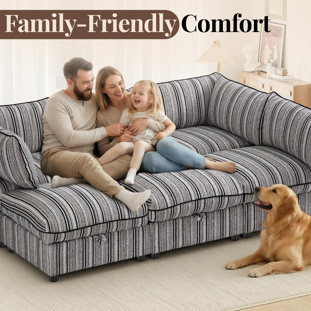 125" Modular Sectional Couch with Hidden Storage, Convertible L U Shaped Sleeper Sofa Bed with Stripe Pattern, 8 Seat Modular Sectional Couch with Ottoman Chaise & Removable Covers for Living Room