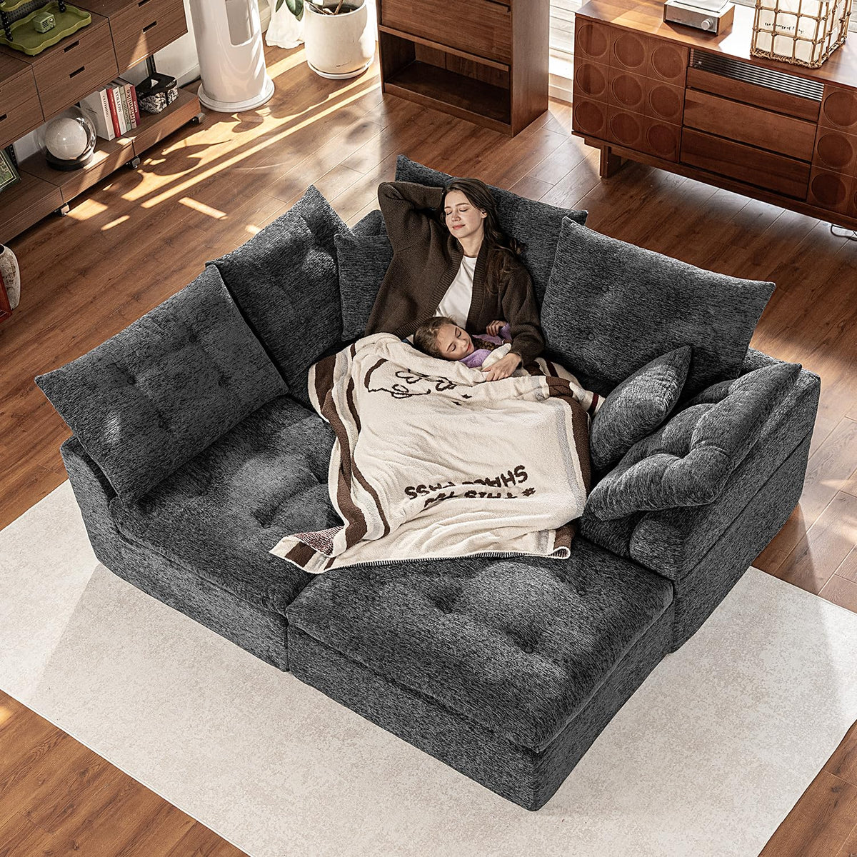 110" Oversized Cloud Sectional Boneless Couch, Modular Chenille L-Shaped Compressed Sofa with Ottoman & 3-in-1 Multi-Purpose Pillow, 3 Seater Memory Foam Couches for Living Room, Gray