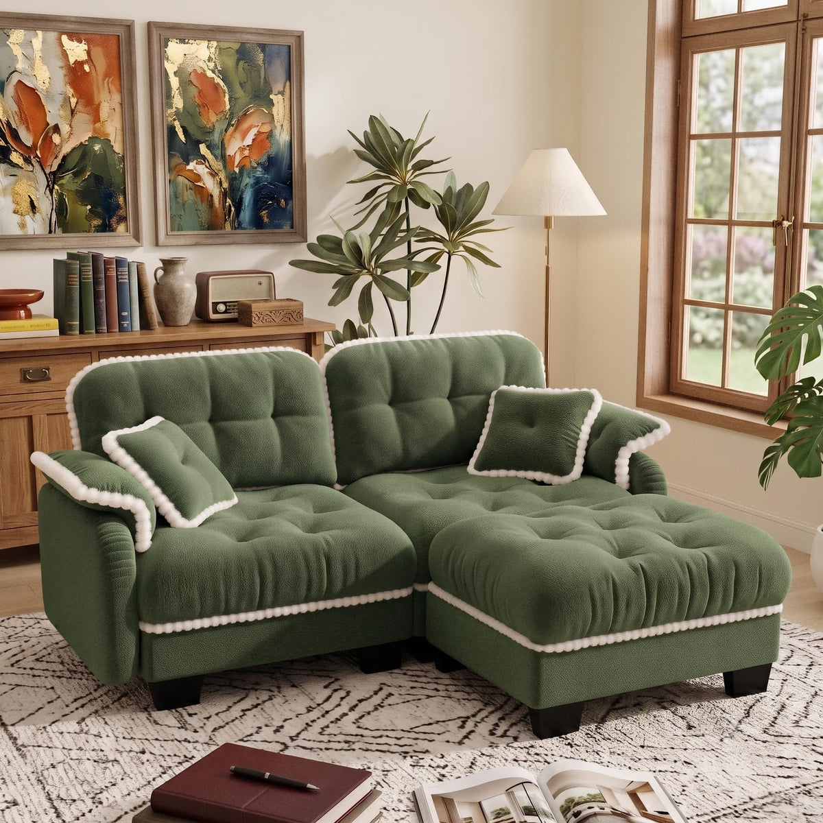 100.7" Chenille Cloud 3-Seater Sofa, Tufted Deep Seat Couch with Pom-Pom Trim & 4 Pillows, Ergonomic Easy Assembly Modular Sofa for Living Room & Apartment（Green ）