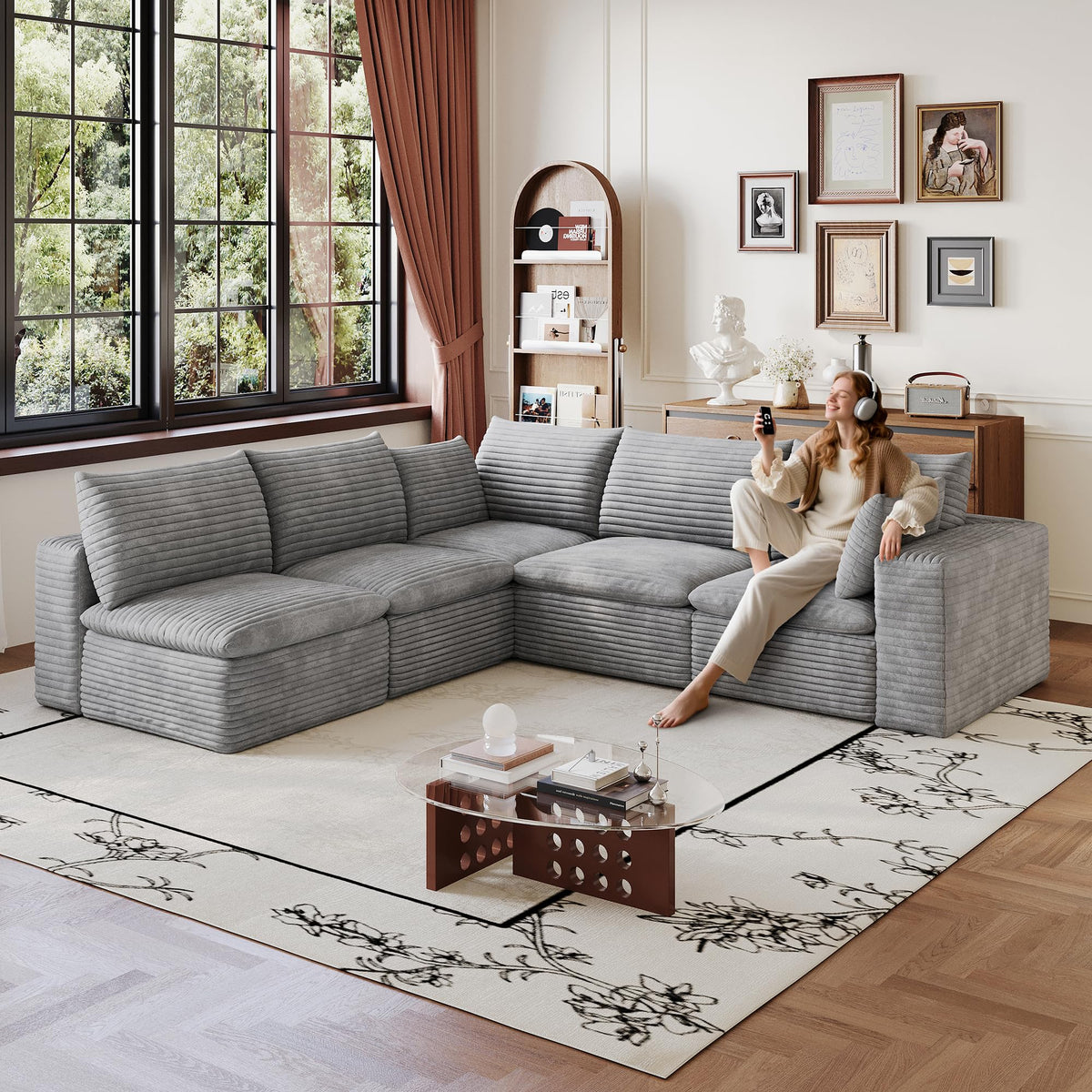 102" Oversized Boneless Modular Sectional Sofa Cloud Couch with 3 Ottomans Convertible Sleeper Sofa Bed for Living Room - No Assembly Floor Compression Sofa with Memory Foam and Deep Seat