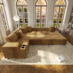 110" L-Shaped Modular Sectional Sofa with Pull Out Bed, Comfy Corduroy Cloud Couch with Removable Ottoman, USB, Storage & Cup Holders, Modern Sectional Sleeper Sofas for Living Room (Camel)