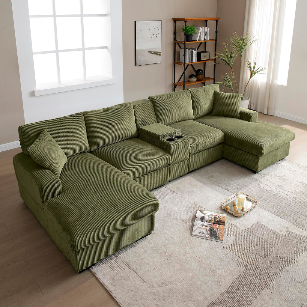 126" Oversized U Shaped Couch,Cloud Couch with Console,USB,Cup Holders & Storage,Corduroy Couch,which can be Used as a Recliner Couch for Living Room or Apartment.(Green)