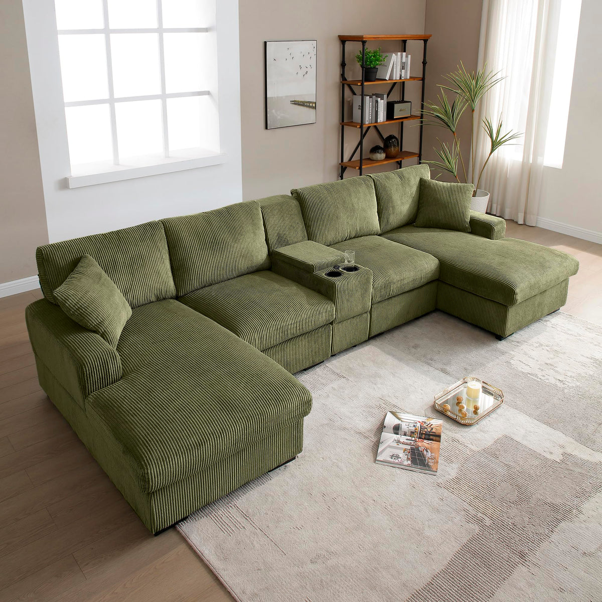 126" Oversized U Shaped Couch,Cloud Couch with Console,USB,Cup Holders & Storage,Corduroy Couch,which can be Used as a Recliner Couch for Living Room or Apartment.(Green)