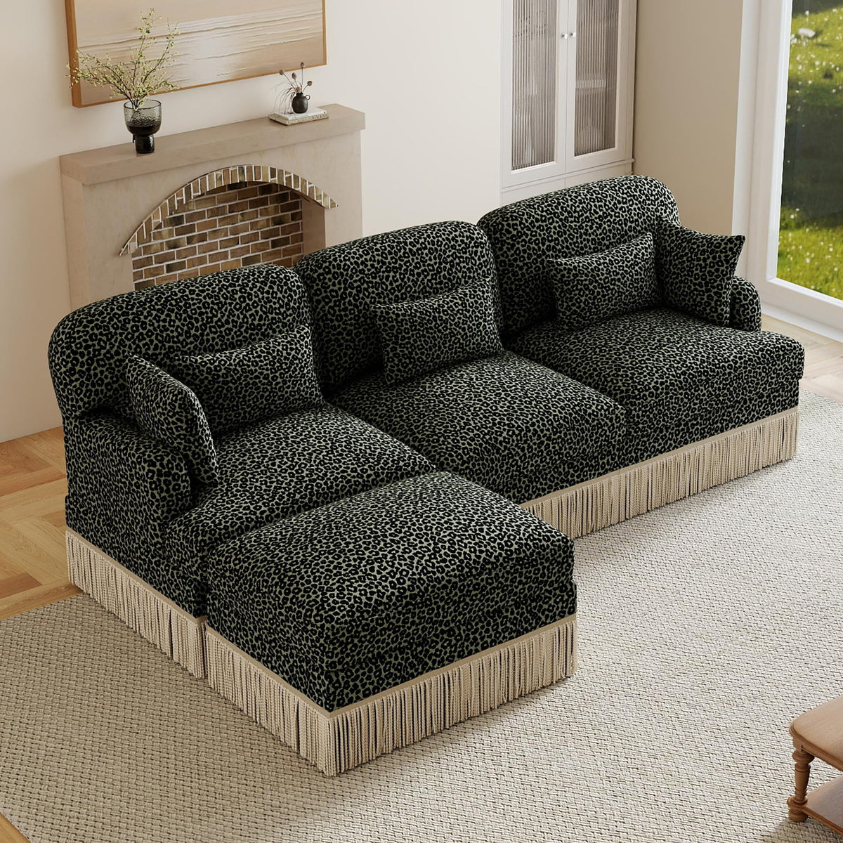100" Leopard Print Chenille Modular Sectional Sofa with Tassels, L-Shaped Deep Seat Cloud Couch with Ottomans for Living Room, BGE-KHK