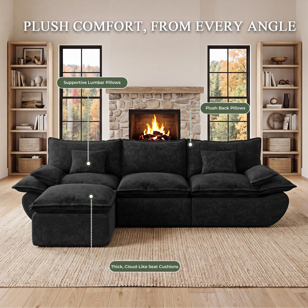 110" Cloud Sectional Couches for Living Room, Convertible L-Shape Couch with Ottoman, 3 Seater Modular Sectional Sofa, Boat-Shaped Fluffy Chenille Couch with Comfy Deep Seats, Black