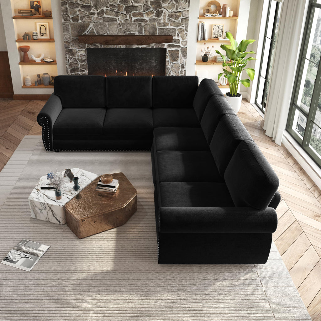 118" L-Shaped Sofa Couch with Pull-Out Bed,Oversize Convertible Sleeper Sofa with Nailhead Trim & Rolled Arm,Chenille Upholstered Sectional Couches, for Living Room, Black