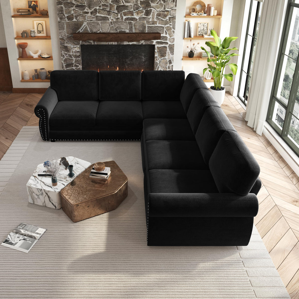 118" L-Shaped Sofa Couch with Pull-Out Bed,Oversize Convertible Sleeper Sofa with Nailhead Trim & Rolled Arm,Chenille Upholstered Sectional Couches, for Living Room, Black