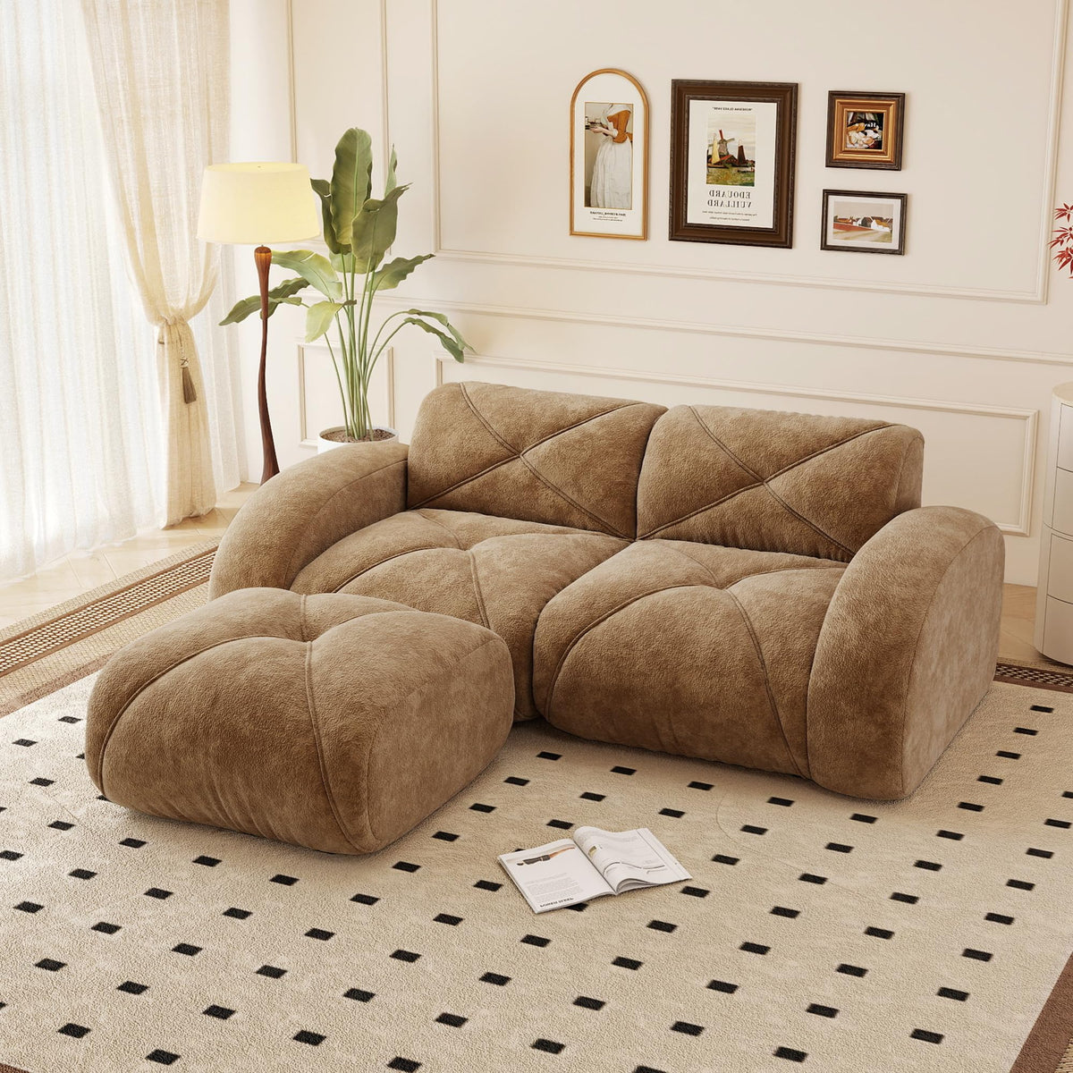 110.6" U Shaped Boneless Couch with Ottoman, Convertible Modular Sectional Cloud Sofa, Deep Seat 5 Seater Velvet Couch, 32D High Density Foam Sofas for Living Room, No Assembly Required, Camel