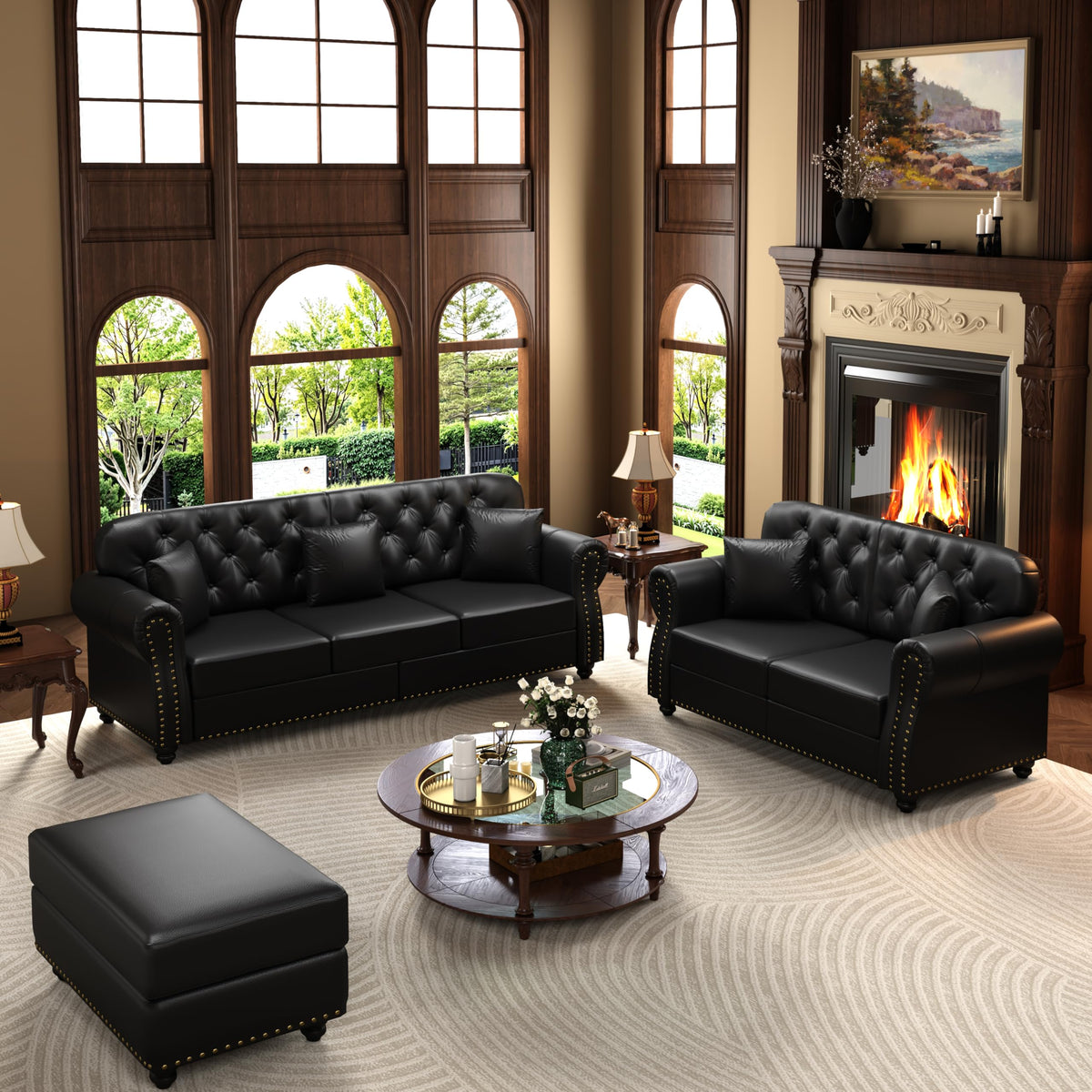 Velvet Chesterfield Sofa with Rolled Arms & Nailhead Trim, Modular Sectional Sofa Couches, Modern Cloud Sofa with Button Tufted, for Living Room, Bedroom, Small Space