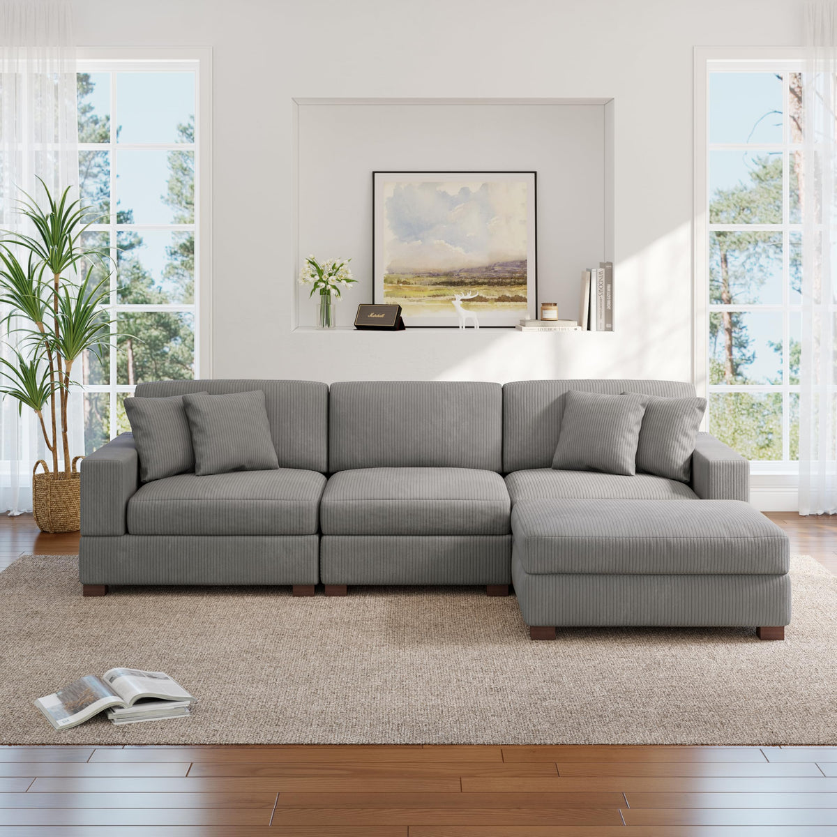 118.3" L-Shaped Modular Sectional Sofa with Chaise, Comfy Corduroy Fluffy Couch with Deep Seat, Flexible Module Combination for Living Room, Cotton Flannel Light Brown