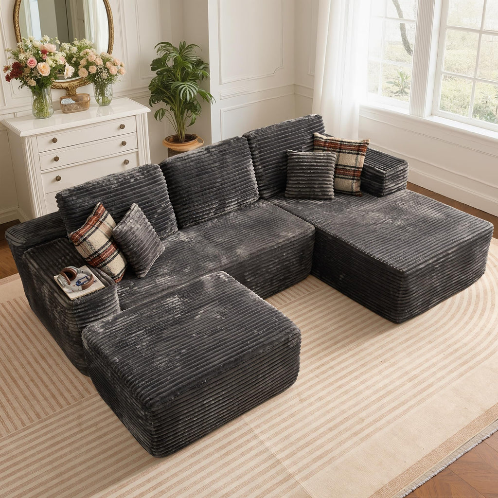 104" L-Shape Modular Sectional Sofa Couch,Comfy Upholstered Cloud Couch for Living Room,Modern Minimalist Couches,Deep Seat,No Assembly Required (Black,Plush Corduroy, Right Facing Chaise w/Ottoman)