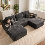 104" L-Shape Modular Sectional Sofa Couch,Comfy Upholstered Cloud Couch for Living Room,Modern Minimalist Couches,Deep Seat,No Assembly Required (Black,Plush Corduroy, Right Facing Chaise w/Ottoman)