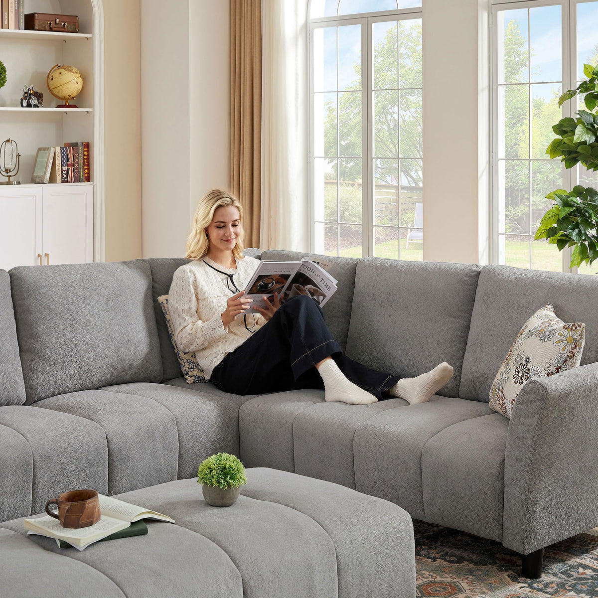 103" Convertible Sectional Sofa with Long Bench, Modern L-Shaped Couch with Back Cushions, Upholstered Fabric 6 Seat Sofa Couches for Living Room, Apartment, Office, Light Grey