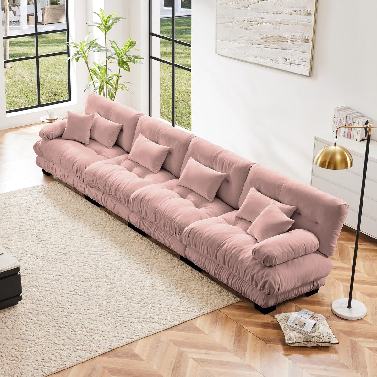 130" Modular Sectional Sofa,Velvet Upholstered Couches for Living Room,3 Seater Green Sofa Couch with Movable Ottoman,Big Comfy Loveseat Sofa with Deep Seats for Living Room,Apartment,Bedroom