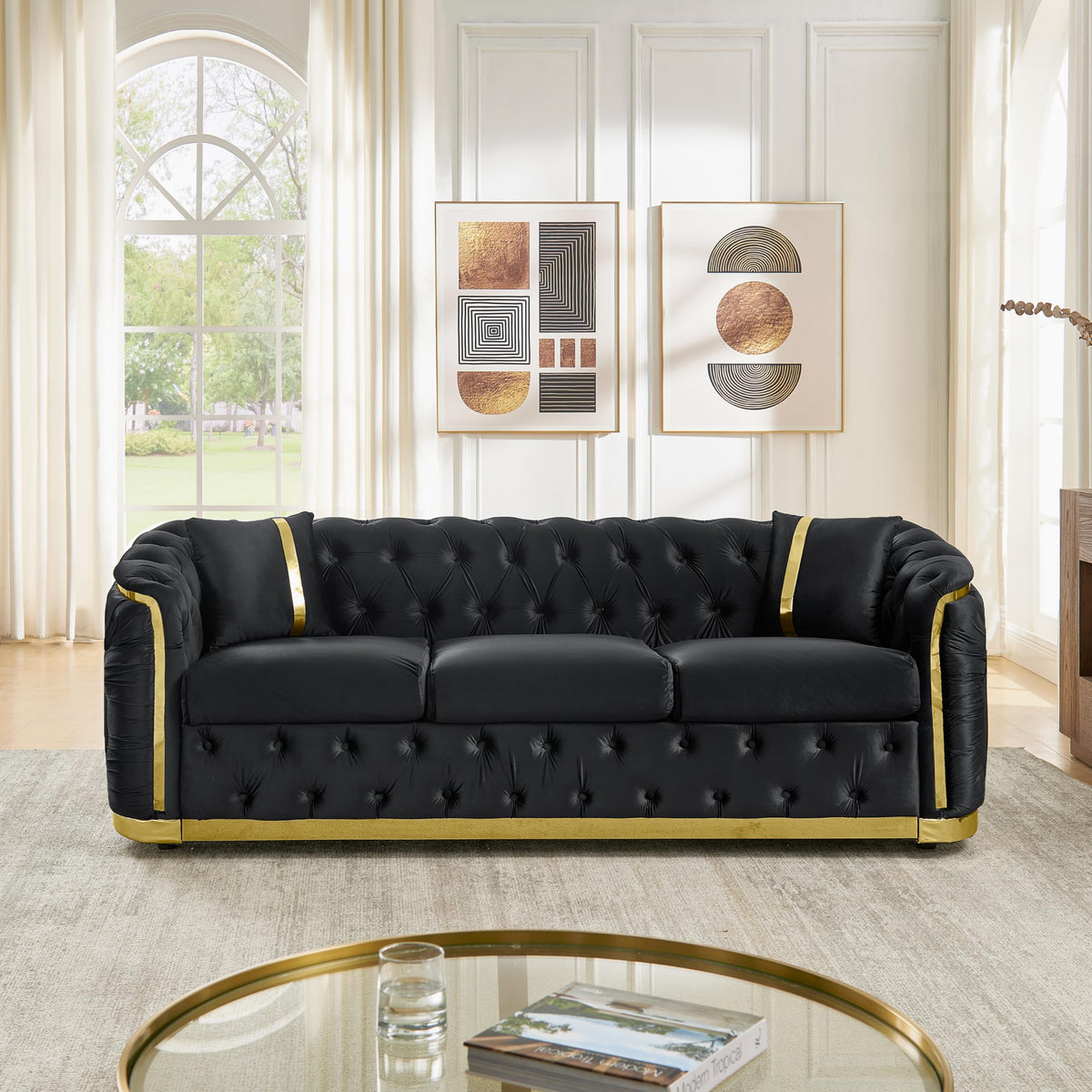 Velvet Chesterfield Sofa Set, 3-Seater and Loveseat