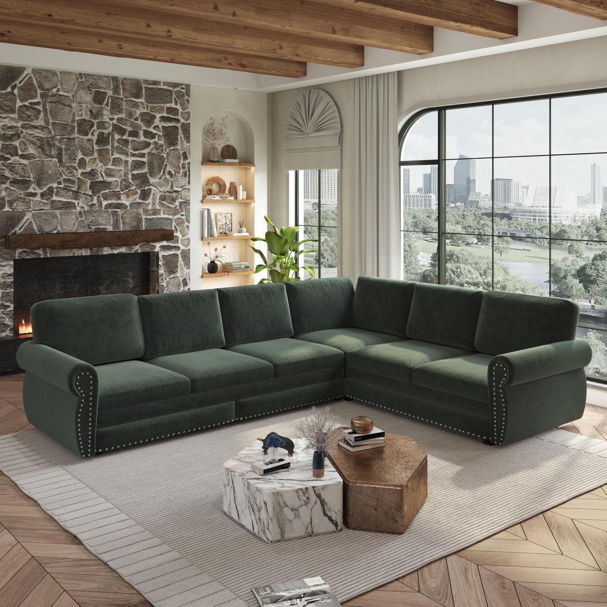 118" Sleeper Sofa Bed, Sectional Couches for Living Room/Apartment, Chenille L Shaped Couch with Pull Out Couch Bed, Convertible Sectional Sofa with Rolled Arm & Nailhead Trim, Green