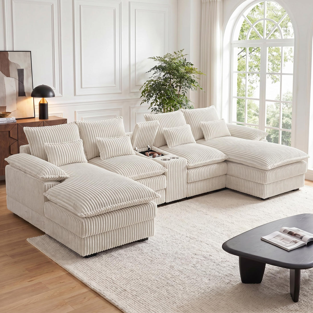 127" U-Shaped Boneless Sofa with Center Console for Living Room, Brown