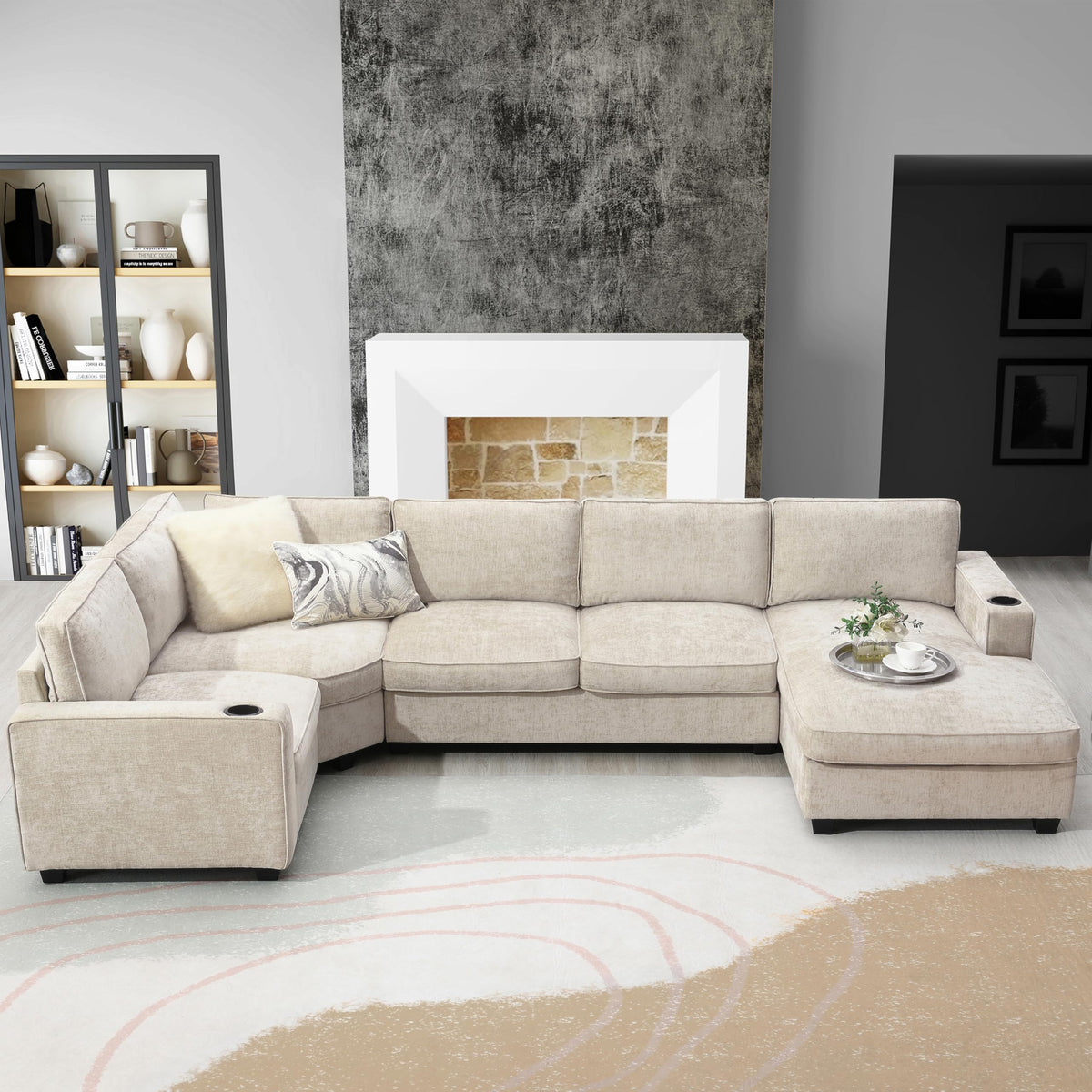 119*67" U Shaped Sectional Sofa,6 Seat Chenille Corner Couch Set with Oversized Chaise Lounge,Irregular Corner, Deep and Wide Seat Comfy Sofa with Cup Holders for Living Room,Apartment (Beige-V33)