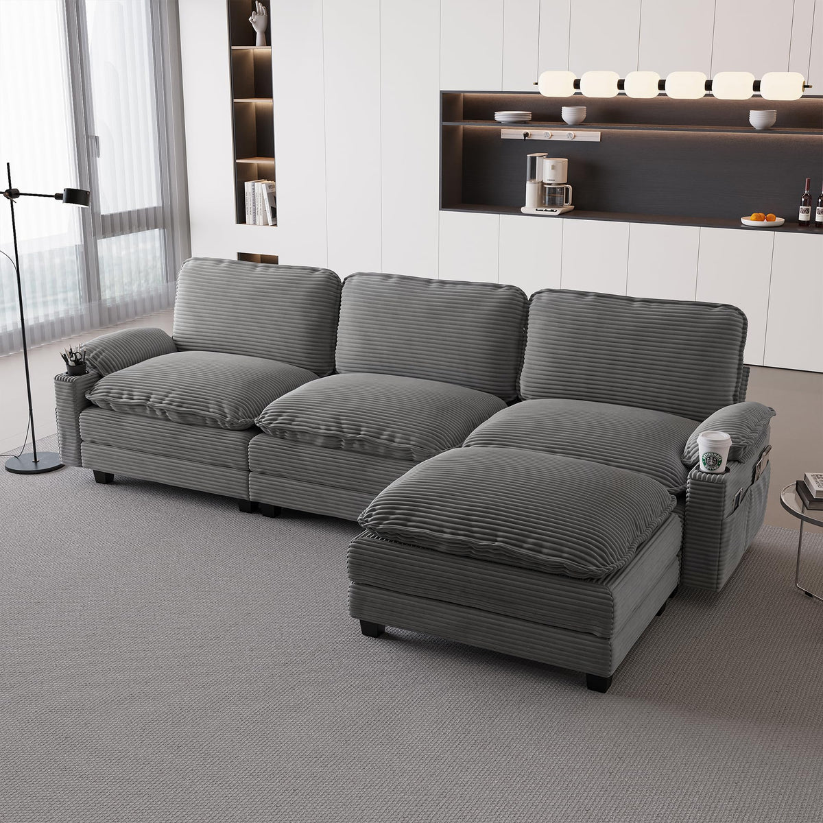 113" 3+1 L Shaped Corduroy Fabric Sofa,Modular Sectional Cloud Couch W,Ottoman,35D High Resilience SpongeDouble Layer Thick Cushion,Cup Holders,Storage Bags,Couches for Living Room,Apartment. AK164