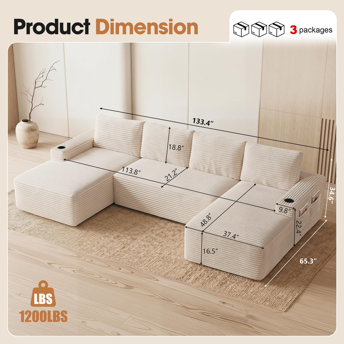 133.4" U-Shaped Cloud Sectional Couch for Living Room, Modern Minimalist Sofa with Cup Holders, Upholstered Corduroy Boneless Couch, Modular Sectional Sofa, No Assembly Required, White