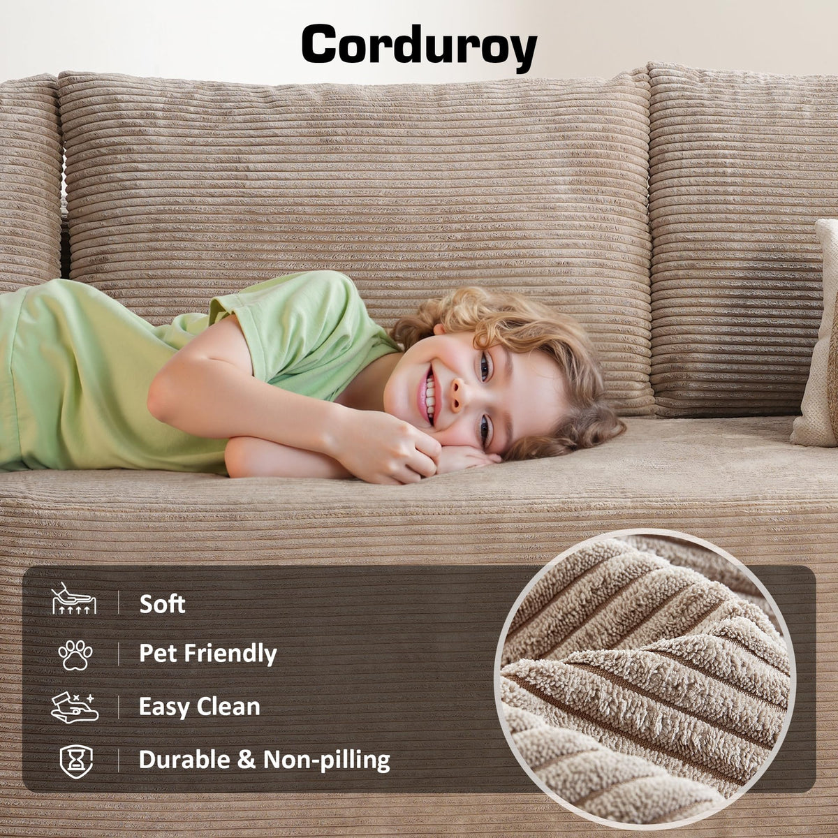 106" Cloud Sectional Couch with Chaise Lounge,L Shaped Modular Modern Sofa,Comfy Corduroy Fluffy Couches with Deep Seat,No Assembly Required Couch for Living Room(Right,Stripe Corduroy,Camel)
