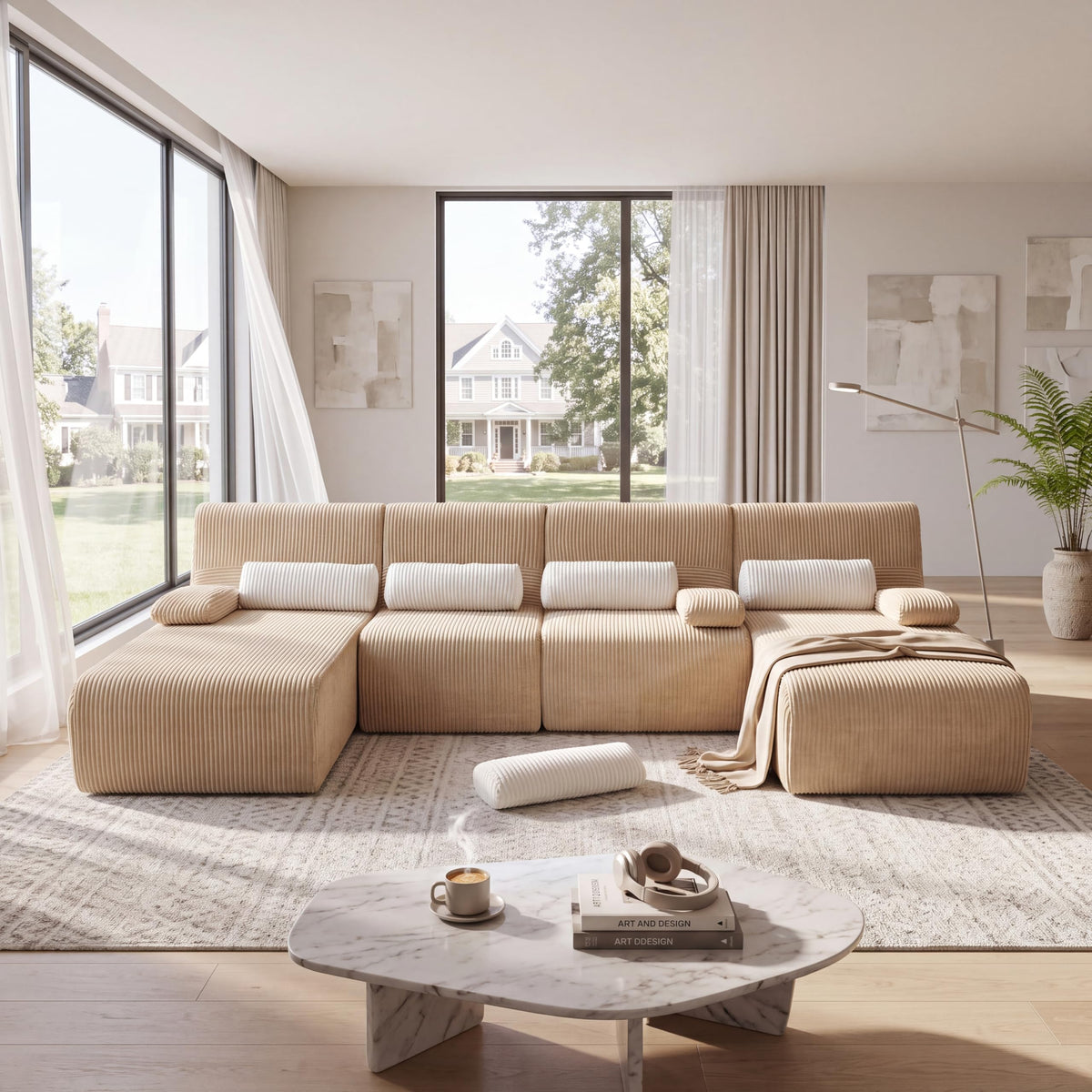 132" U-Shaped Cloud Sectional Couch Oversized Compressed Boneless Modular Sectional Sofa with Lumbar Pillow and 2 Chaise Loungers, Plush Corduroy Boneless Symmetrical Sofa