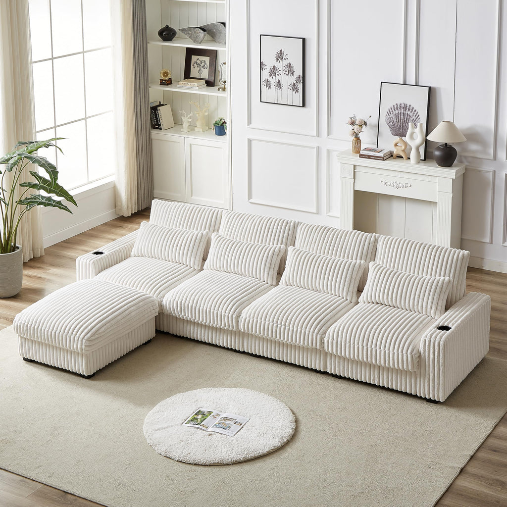 126 inch Corduroy with Cup Holder Super Large L Shaped Sofa, Movable Footrest, Four Waist Pillows and Four Back Cushion, with USB Port and Type C Port