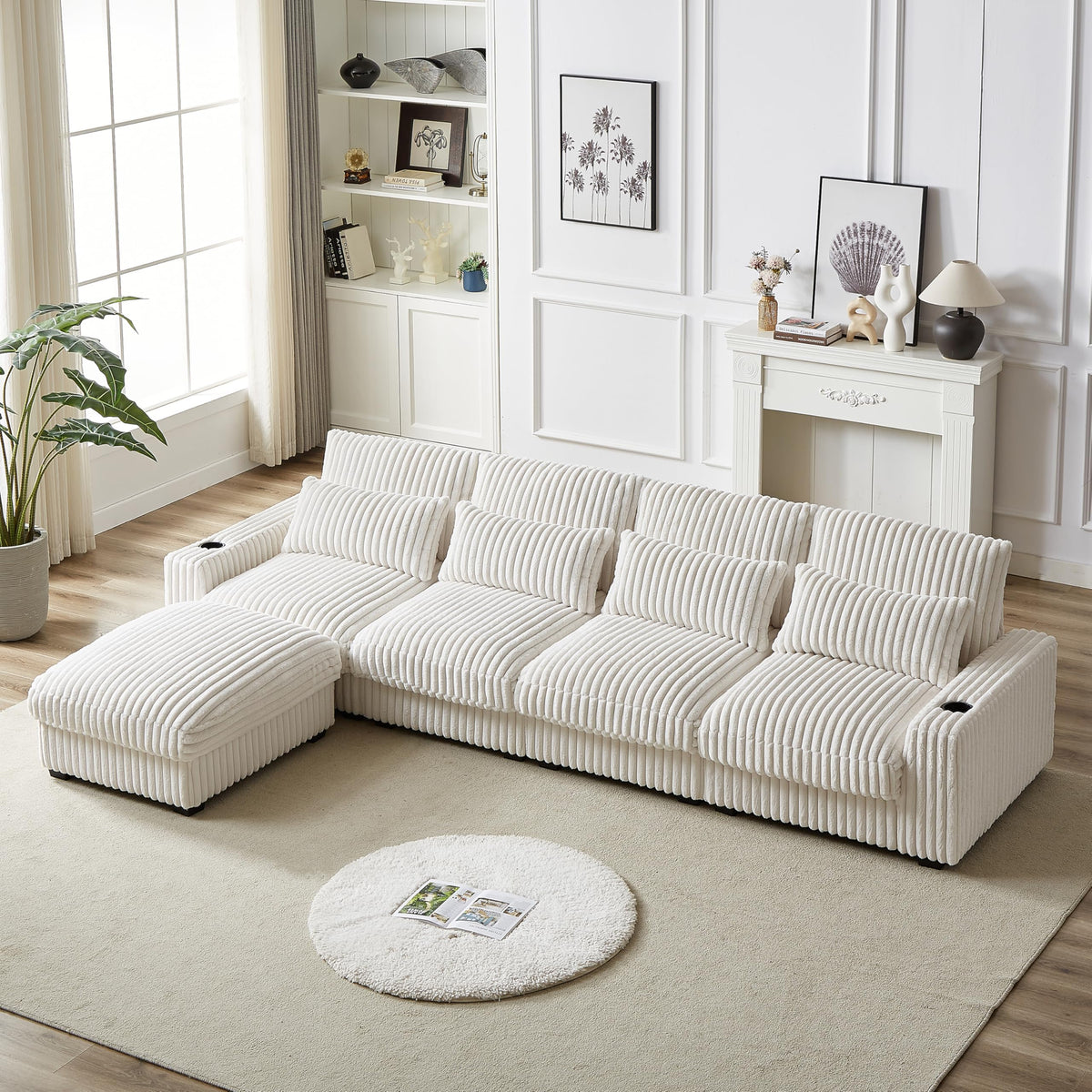 126 inch Corduroy with Cup Holder Super Large L Shaped Sofa, Movable Footrest, Four Waist Pillows and Four Back Cushion, with USB Port and Type C Port