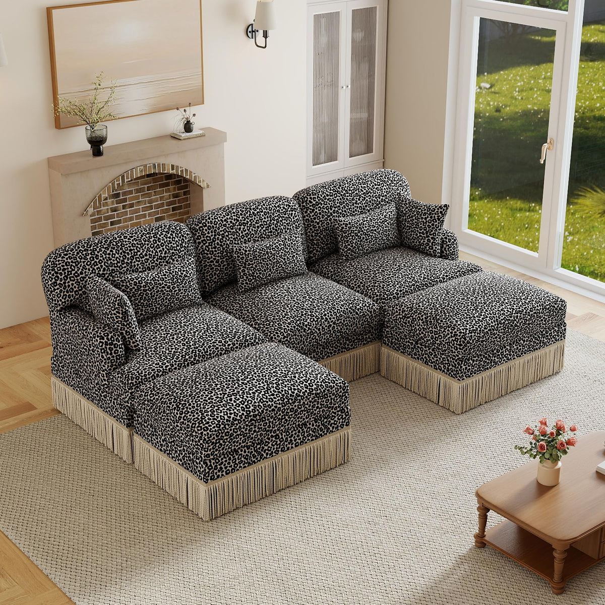 100" Leopard Print Chenille Modular Sectional Sofa with Tassels, L-Shaped Deep Seat Cloud Couch with Ottomans for Living Room, BGE-KHK