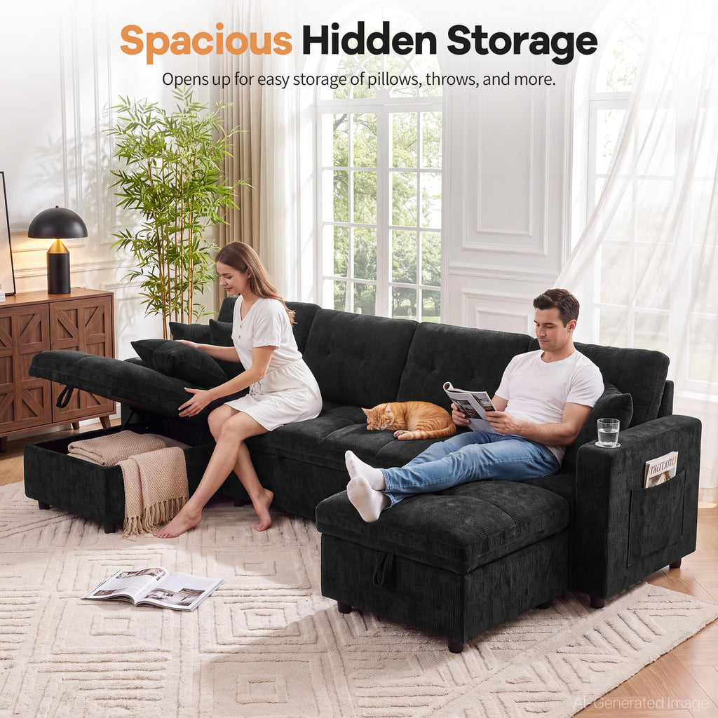 108”Pull Out Sofa Bed, U Shaped Sleeper Sofa for Living Room, Black