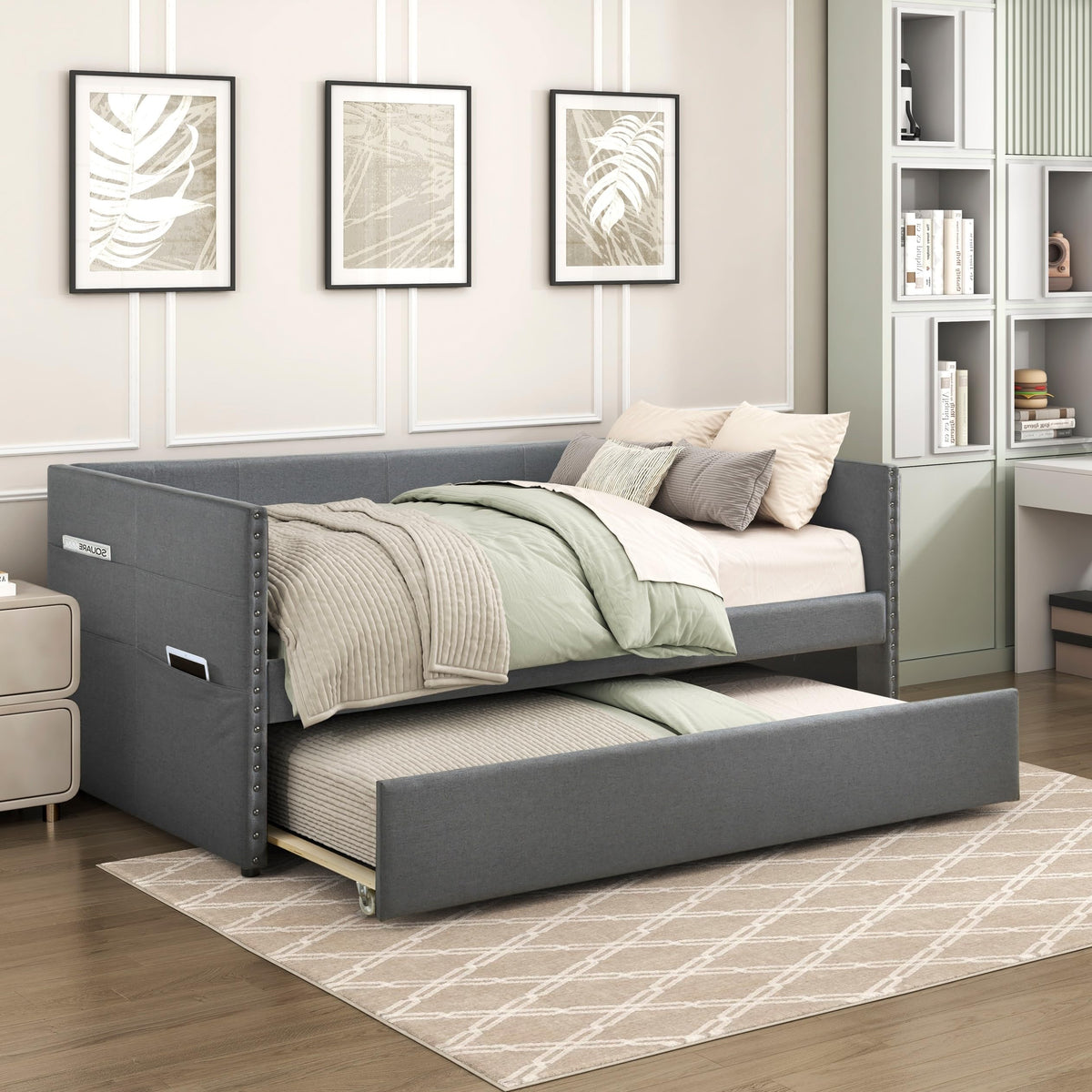 Versatile Daybed with Pull-Out Trundle, Textured Fabric Upholstery