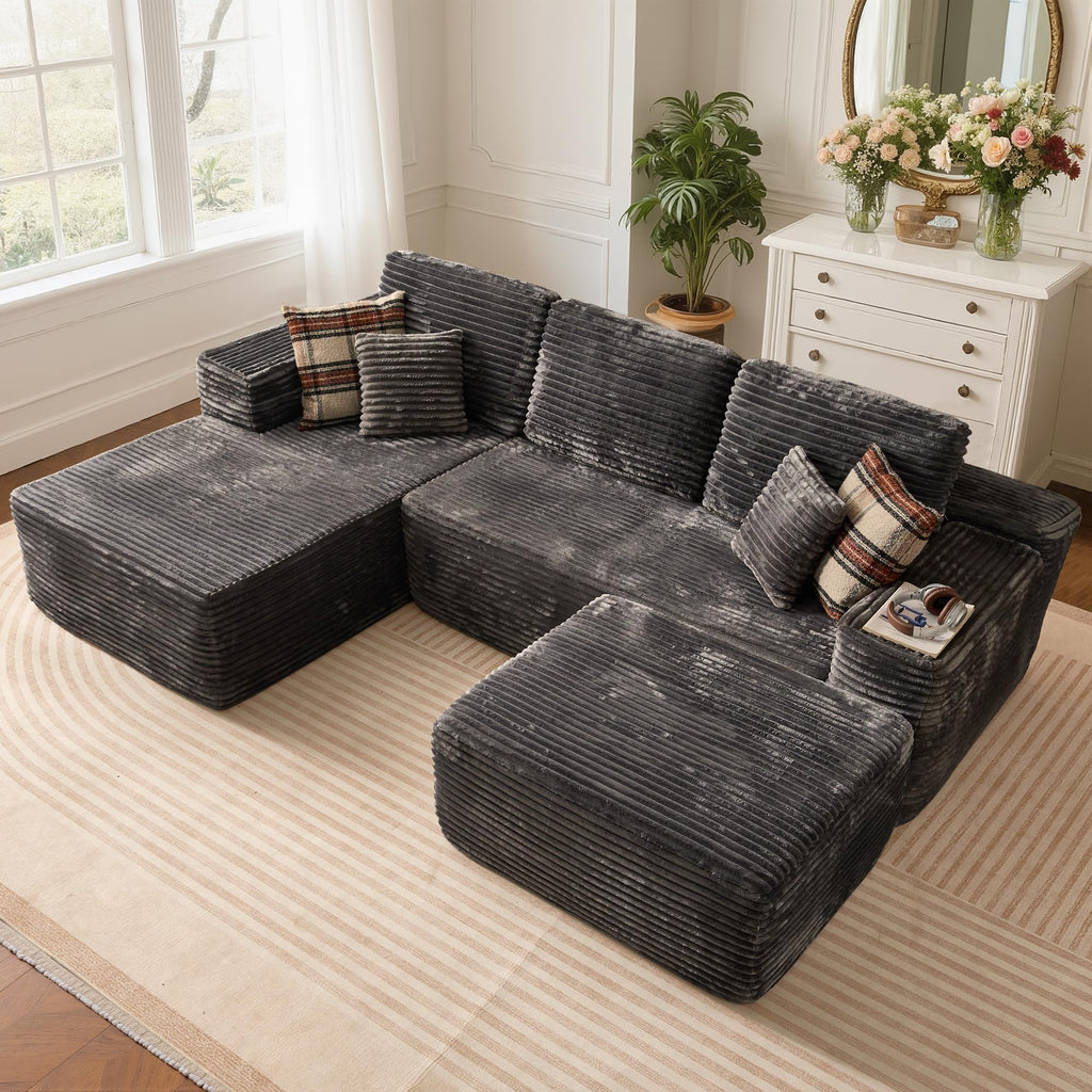 104" L-Shape Modular Sectional Sofa Couch,Comfy Upholstered Cloud Couch for Living Room,Modern Minimalist Couches,Deep Seat,No Assembly Required (Black,Plush Corduroy, Right Facing Chaise w/Ottoman)