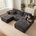 104" L-Shape Modular Sectional Sofa Couch,Comfy Upholstered Cloud Couch for Living Room,Modern Minimalist Couches,Deep Seat,No Assembly Required (Black,Plush Corduroy, Right Facing Chaise w/Ottoman)