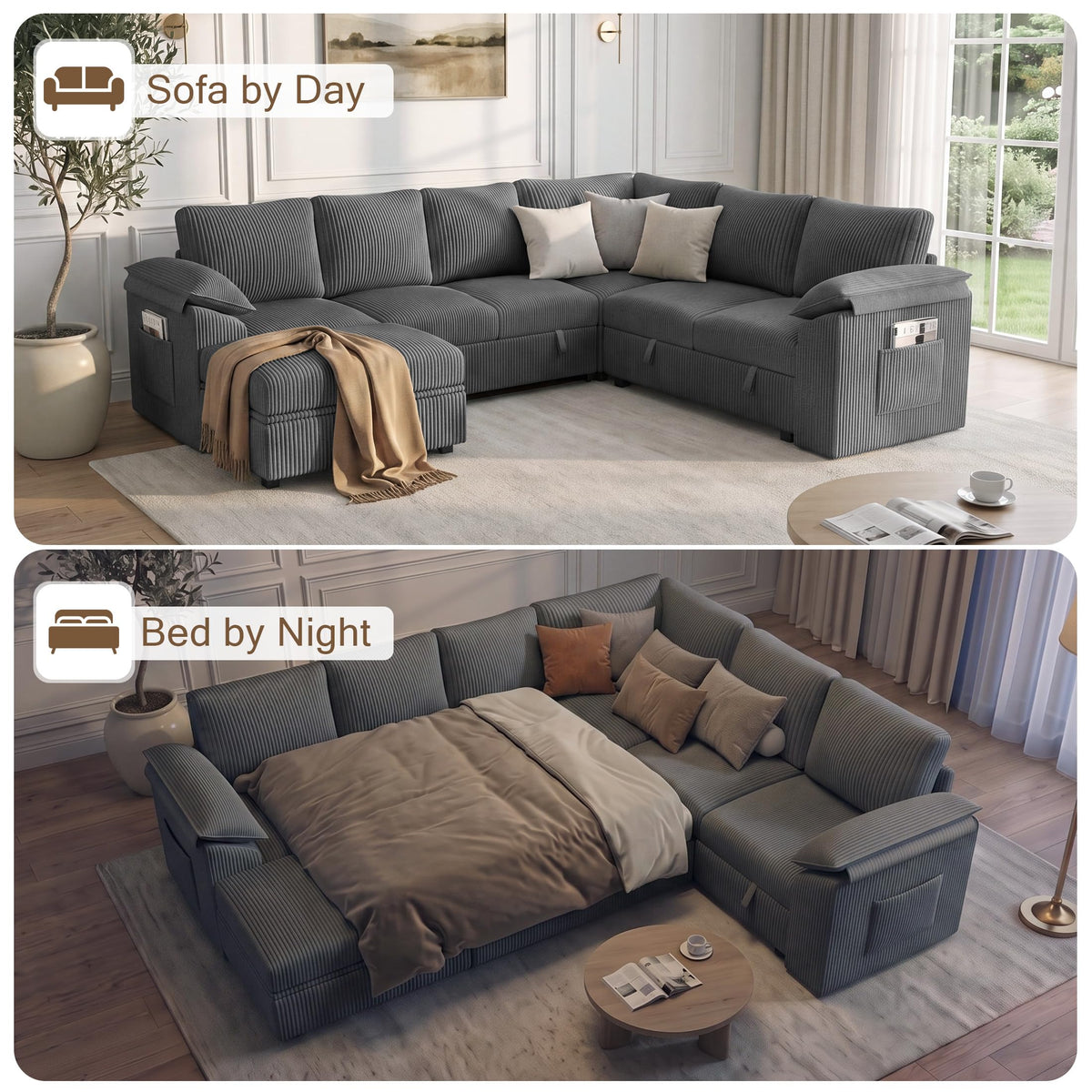 108" Modular Sectional Sofa with Pull Out Bed, L Shaped Sectional Couch