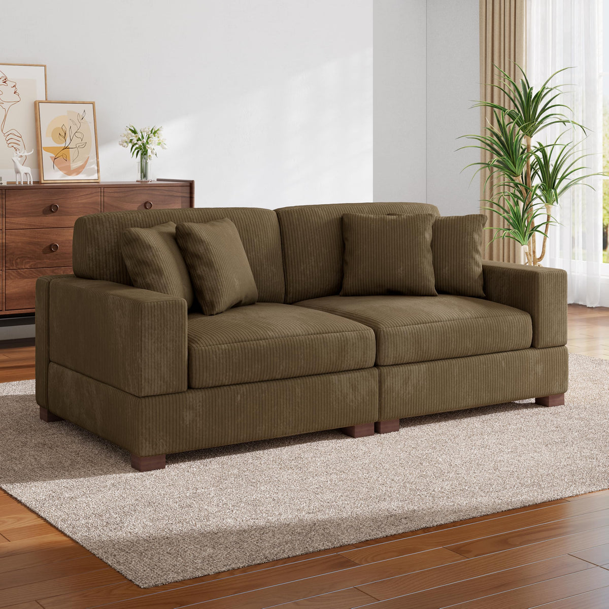 118.3" L-Shaped Modular Sectional Sofa with Chaise, Comfy Corduroy Fluffy Couch with Deep Seat, Flexible Module Combination for Living Room, Cotton Flannel Light Brown