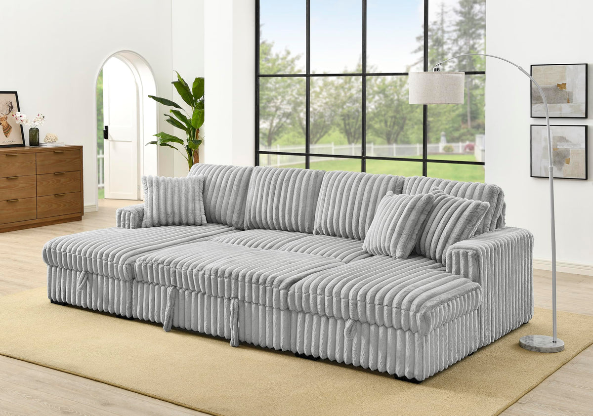 U Shaped Sectional Sleeper Sofa, 122 Inch Oversize with 2 in 1 Pull Out Bed and Double Storage Chaise, Rabbit Plush Corduroy Grey