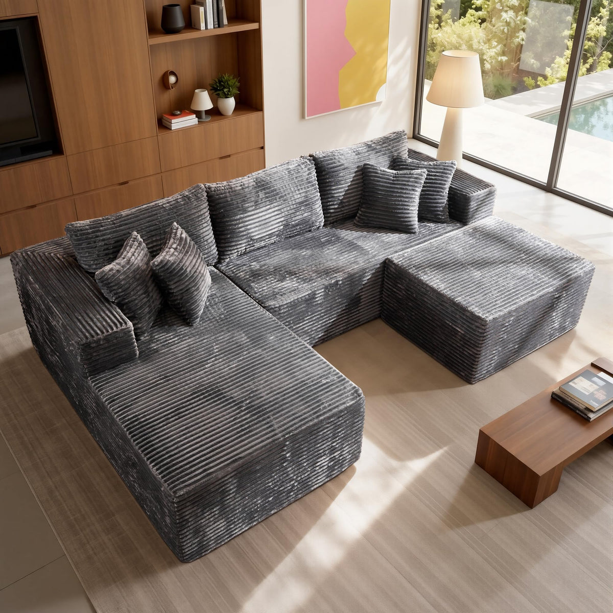 108" Modular Cloud Sofa, High-Density Foam Sectional Couch, Oversized Convertible U-Shaped Sofa Bed with Plush Fabric, Deep Seats, Wide Armrests, Boneless Couches for Living Room, Beige