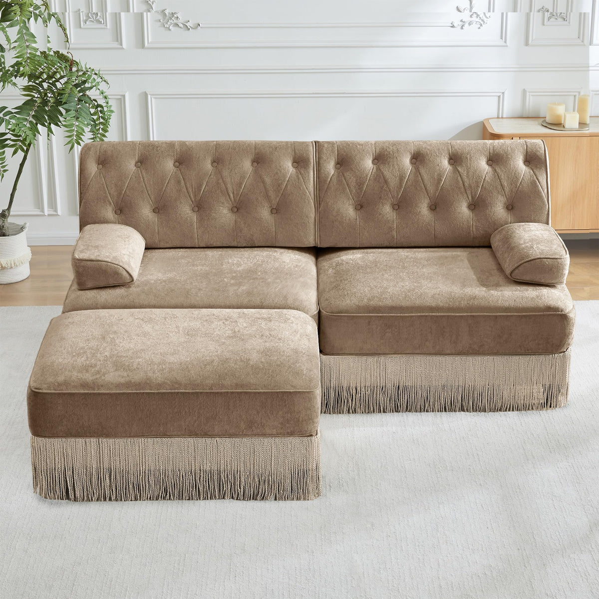 Velvet Modular Sectional Sofa, 135.6 Inch Chesterfield Style, Camel