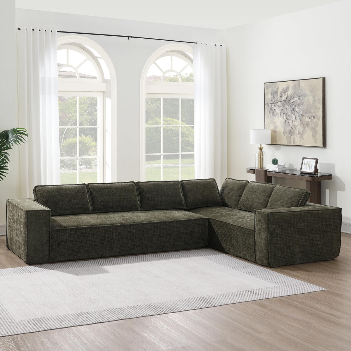 130" Ultra-Thick Chenille Modern Minimalist Style Modular Sectional Couch, Convertible Modular Cloud Sleeper Sofa, Modern Boneless Compressed Floor Sectional Sofa for Living Room, Green