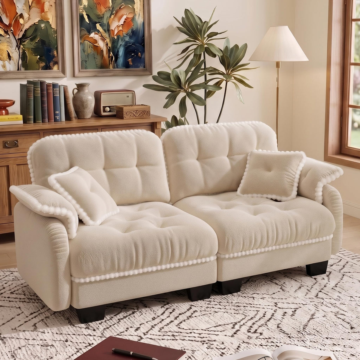 100.7" Chenille Cloud 3-Seater Sofa, Tufted Deep Seat Couch with Pom-Pom Trim & 4 Pillows, Ergonomic Easy Assembly Modular Sofa for Living Room & Apartment（Green ）