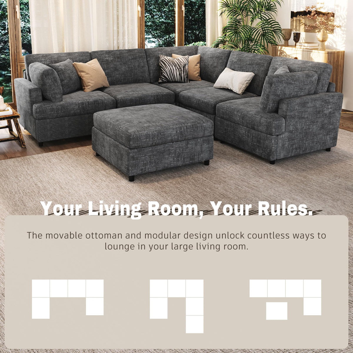 127" U Shaped Sectional Sofa with Movable Ottoman, 6 Chenille Fabric Sofa Set, Convertible Modular Corner Couch with Sturdy Pine Wood Frame, for Large Living Room and Apartment UC61