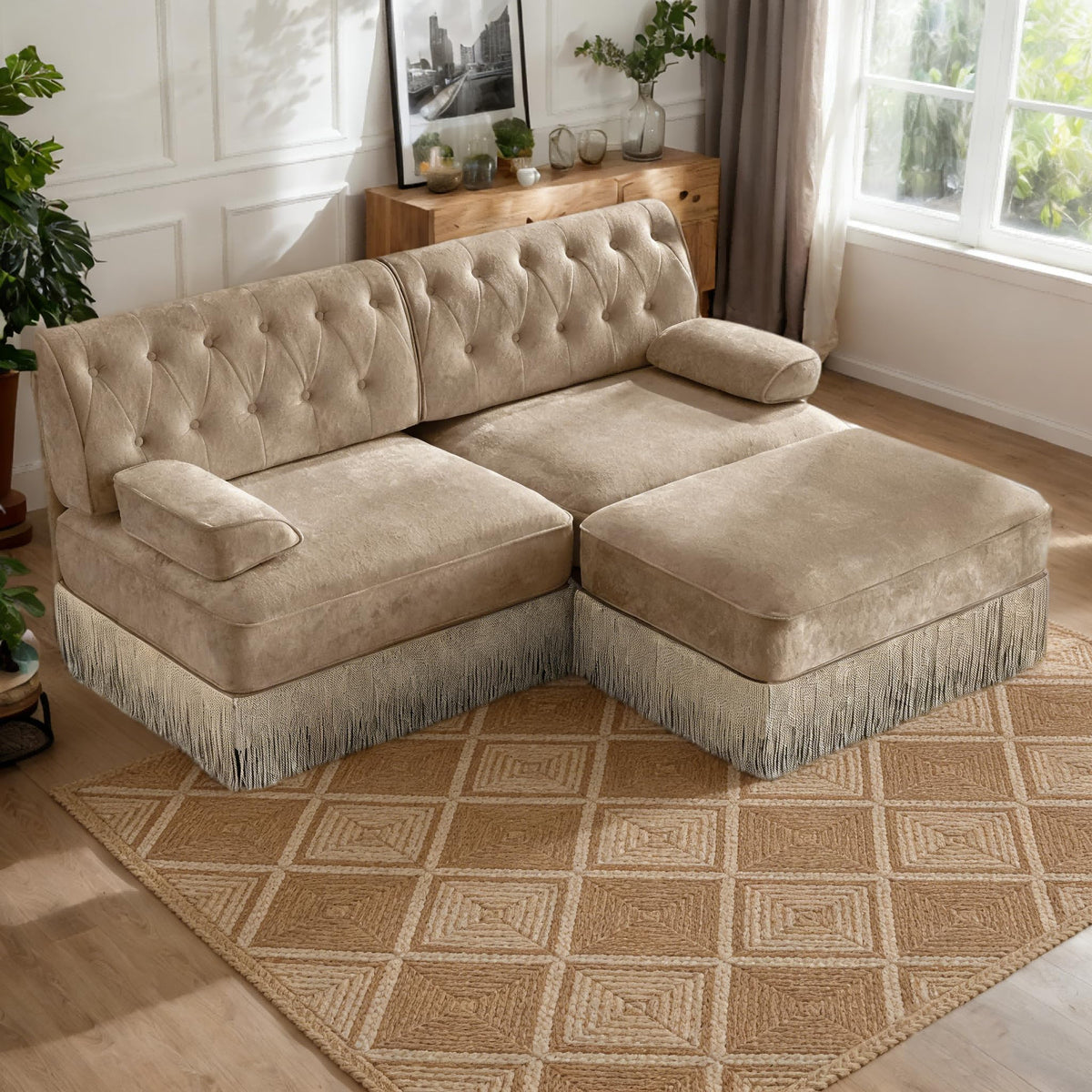 106'' Modern Chesterfield Style 3-Seater Sofa with 2 Ottoman, Upholstered Velvet Modular Sectional Sofa with Button Tufted, U Shape Deep Seat Cloud Sectional Couches for Living Room (Green)